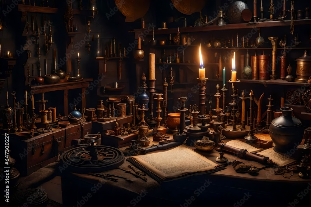 Poster a highly detailed image of a wizard's workshop, filled with intricate magical artifacts and tools - 