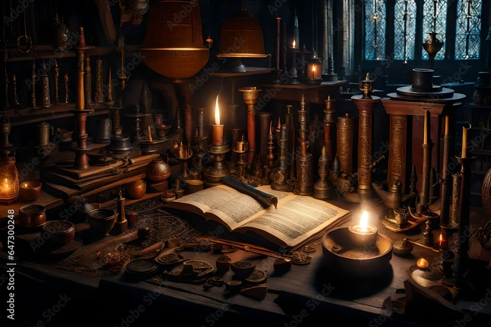 Aufkleber a highly detailed image of a wizard's workshop, filled with intricate magical artifacts and tools - 