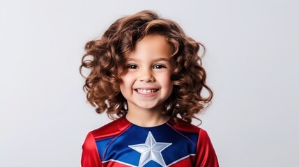 Portrait of smiling girl wearing superhero costume against white background. - obrazy, fototapety, plakaty