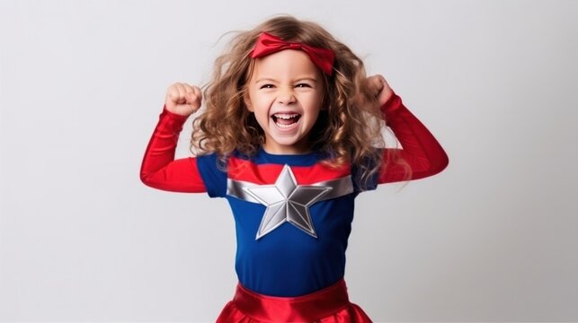 Portrait of smiling girl wearing superhero costume against white background.