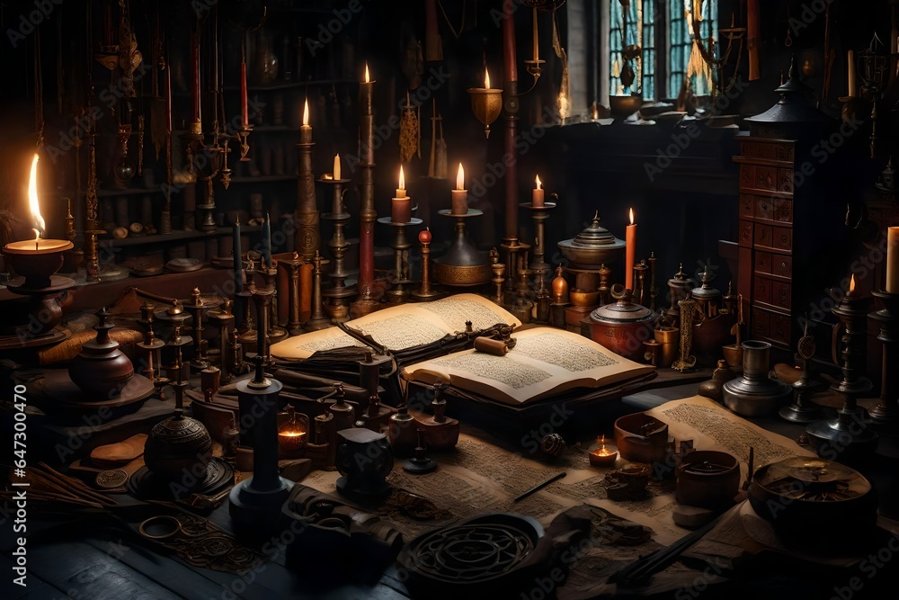 Poster a highly detailed image of a wizard's workshop, filled with intricate magical artifacts and tools - 