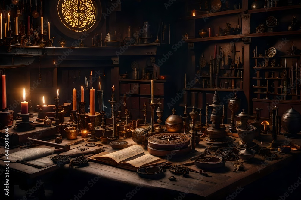 Poster a highly detailed image of a wizard's workshop, filled with intricate magical artifacts and tools - 