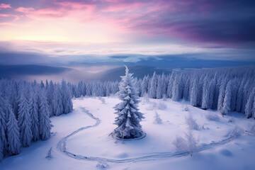 Fototapeta na wymiar giant tree among winter forest landscape, generative ai 