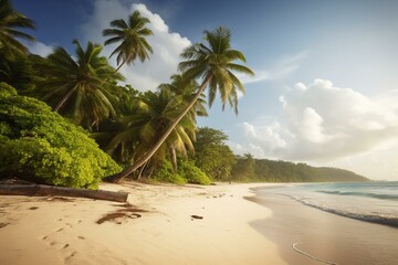 A tropical beach with tall palm trees. Generative AI