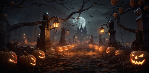 Fototapeta na wymiar jack o lanterns in the graveyard, halloween, generative ai