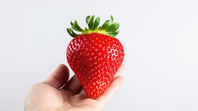 Hand holding strawberry fruit isolated white background. AI generated