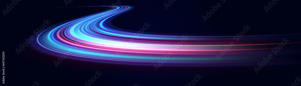 Wall mural light line effect blue neon glow flare wave glowing shiny speed lines effect vector background. spee