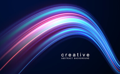 Light line effect blue neon glow flare wave glowing shiny speed lines effect vector background. Speed curve shine light line blue.