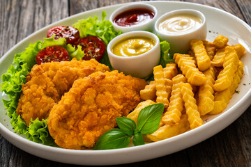 Seared breaded chicken nuggets with French fries and fresh vegetables on wooden table

