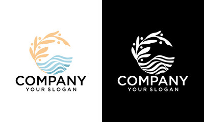 Sun logo with sea wave vector design