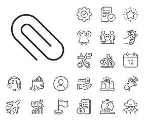 Attachment paper clip sign. Salaryman, gender equality and alert bell outline icons. Attach line icon. Office stationery object symbol. Paper clip line sign. Spy or profile placeholder icon. Vector