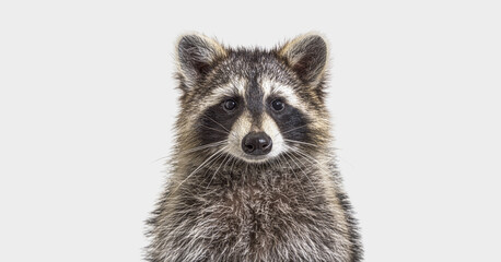 head shot of a young Raccoon facing at the camera, on grey background