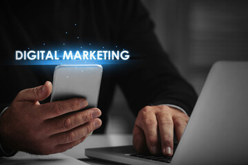 Digital marketing with businessman using a smartphone, digital marketing image
