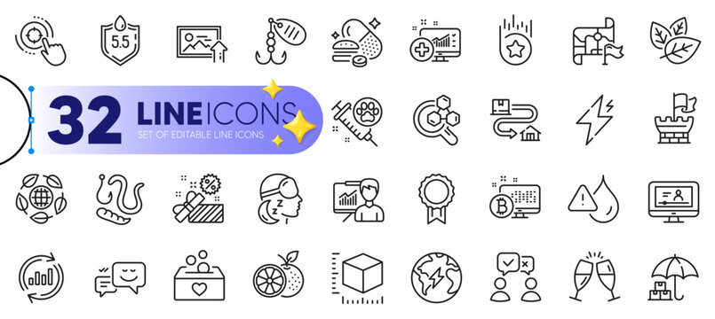 Outline set of Ph neutral, Orange and Fishing lure line icons for web with Chemistry lab, Presentation, Bitcoin system thin icon. People voting, Tracking parcel, Eco organic pictogram icon. Vector