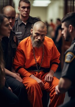 A prisoner in chains and orange jumpsuit surrounded by police officers.