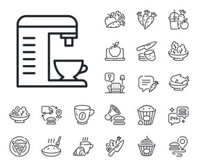 Hot drink sign. Crepe, sweet popcorn and salad outline icons. Coffee machine line icon. Fresh beverage symbol. Coffee machine line sign. Pasta spaghetti, fresh juice icon. Supply chain. Vector