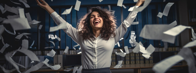 Happy businesswoman throwing papers in the air as a sign of victory and success in her work