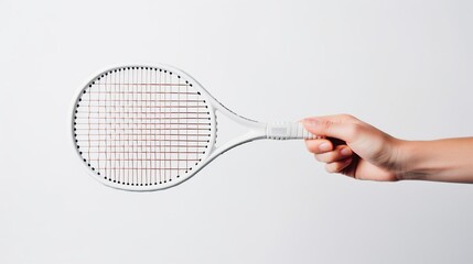 Hand holding tennis racket isolated white background. AI generated