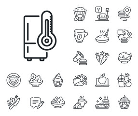 Fridge sign. Crepe, sweet popcorn and salad outline icons. Single chamber refrigerator line icon. Freezer storage symbol. Refrigerator line sign. Pasta spaghetti, fresh juice icon. Vector