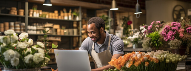 Portrait of man entrepreneur sitting in own flower shop, working on laptop.