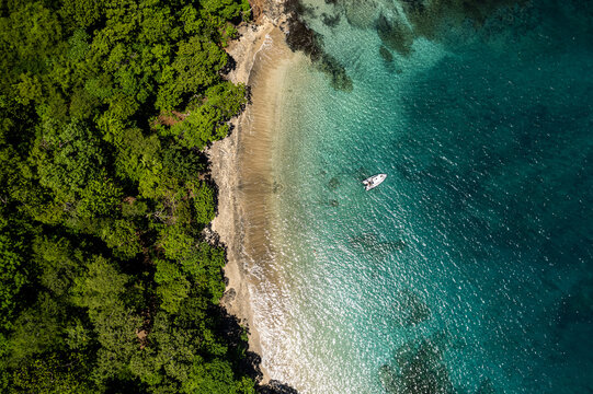 Beautiful aerial view of Playas del Coco, Hermosa Beach and its green mountains, bay and yachts in Costa Rica