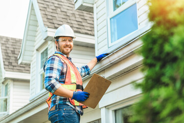 man with hard hat standing on steps inspecting house roof