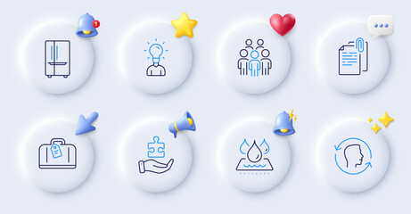 Hand baggage, Group people and Education line icons. Buttons with 3d bell, chat speech, cursor. Pack of Waterproof, Puzzle, Document attachment icon. Refrigerator, Face id pictogram. Vector