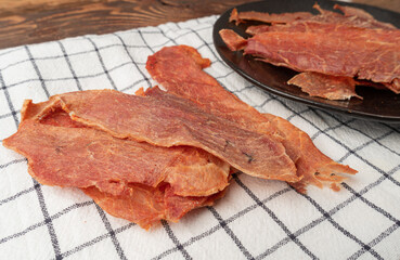 Meat Jerky Isolated, Dry Salted Chicken Slices, Small Pieces of Dehydrated Beef, Beer Snacks, Dried...