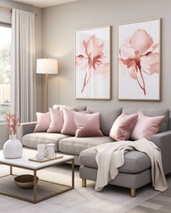 Stylish mock up poster frame, nordic and contemporary interior design. Gallery wall with empty frame and copy space. Scandinavian style home interior design of modern living room.