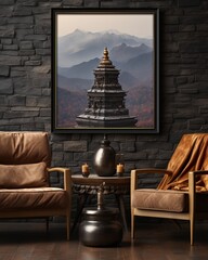 Stylish mock up poster frame, nordic and contemporary interior design. Gallery wall with empty frame and copy space. Scandinavian style home interior design of modern living room.