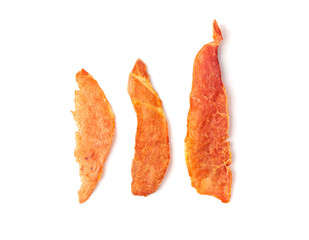 Meat Jerky Isolated, Dry Salted Chicken Slices, Small Pieces of Dehydrated Beef, Beer Snacks, Dried Pork