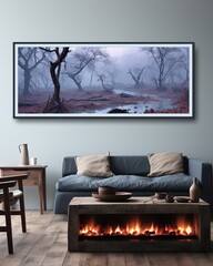 Stylish mock up poster frame, nordic and contemporary interior design. Gallery wall with empty frame and copy space. Scandinavian style home interior design of modern living room.