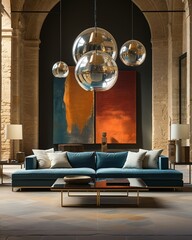 Stylish mock up poster frame, nordic and contemporary interior design. Gallery wall with empty frame and copy space. Scandinavian style home interior design of modern living room.