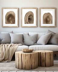 Stylish mock up poster frame, nordic and contemporary interior design. Gallery wall with empty frame and copy space. Scandinavian style home interior design of modern living room.