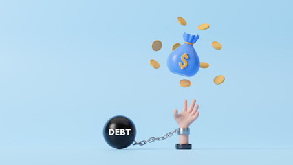 3D hand is handcuffed and wanted money for payment debt, Debt burden, financial obligation or loan payment, heavy load of money failure, mortgage or borrowing money problem concept. 3d rendering