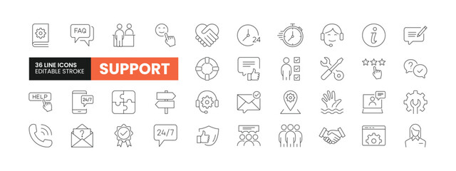 Set of 36 Support or Customer Care line icons set. Support or Customer Care outline icons with editable stroke collection. Includes Feedback, Review, Star Rating, Quality, Assitance and More.