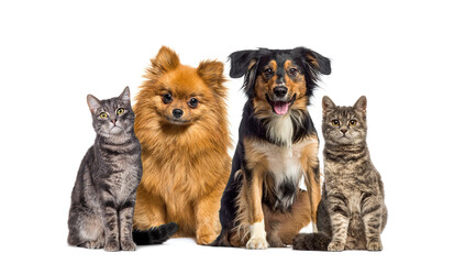 Small group of pets, cats and dogs sitting in a raw and looking at the camera, isolated on white