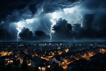 Thunderstorm above urban houses during nighttime. Generative AI