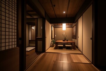 Interior design in Japanese style with modern living and eating areas, wood floor, tatami mats, traditional door. Generative AI