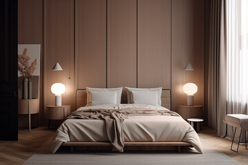 Modern, luxury beige bedroom with wooden bed, gray blanket and pillow, bedside table, black floor lamp in sunlight from window curtain on brown stucco wall for interior design background 3D