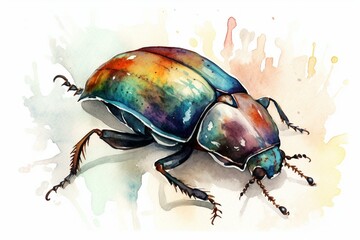 Colorful, isolated watercolor beetle on white background with abstract metal painting technique. Generative AI