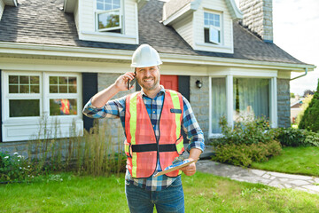 man with hard hat standing in front of a house to inspect