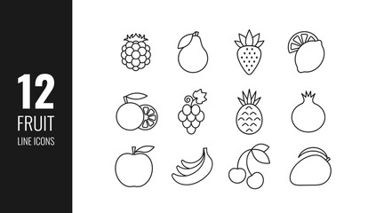 12 icons of fruits and berries in line style. Contains icons such as strawberry, orange, lemon, grape, cherry, raspberry, mango, pear, pomegranate, banana, pineapple, apple