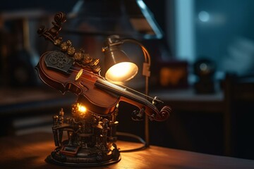 Fototapeta na wymiar a steampunk violin close-up on a table by a lamp. Generative AI