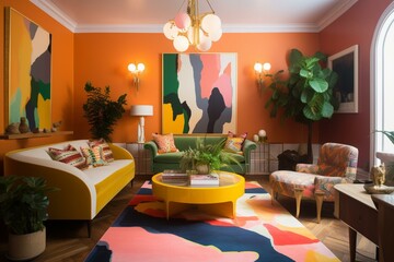 vibrant room adorned with artwork, furnishings, and greenery. Generative AI