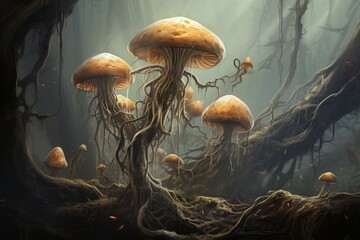 Illustration of creepy mushroom fungus tendrils. Generative AI - obrazy, fototapety, plakaty