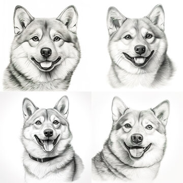 Portrait of shiba Dog. Set of 4 pencil drawings on white background. Minimal. Digital illustration generative AI.