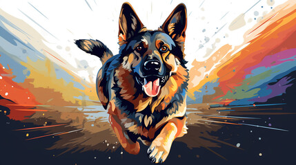 Fototapety  Adorable german shepherd dog running illustration vector in abstract mixed grunge colors digital painting in minimal colorful graphic art style. Digital illustration generative AI.