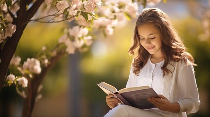 Obraz premium A girl reads a book in a spring garden, sunlight. Generation AI