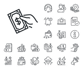 Dollar exchange sign. Cash money, loan and mortgage outline icons. Payment line icon. Finance symbol. Pay money line sign. Credit card, crypto wallet icon. Inflation, job salary. Vector